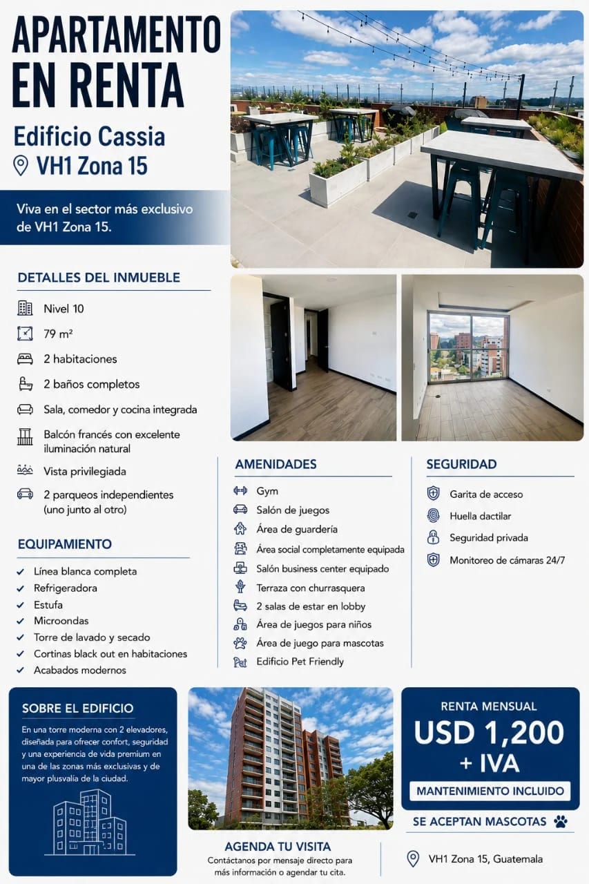 RENTO APTO ZONA 15 VH1 EDIF. CASSIA REF.6937 *79M2, 2 HAB, 2 BAÑOS, 2 PARQUEOS, LINEA BLANCA, BALCON, $1200* — Apartamento en Alquiler en Zona 15, Guatemala, Ciudad — foto 1 de 1