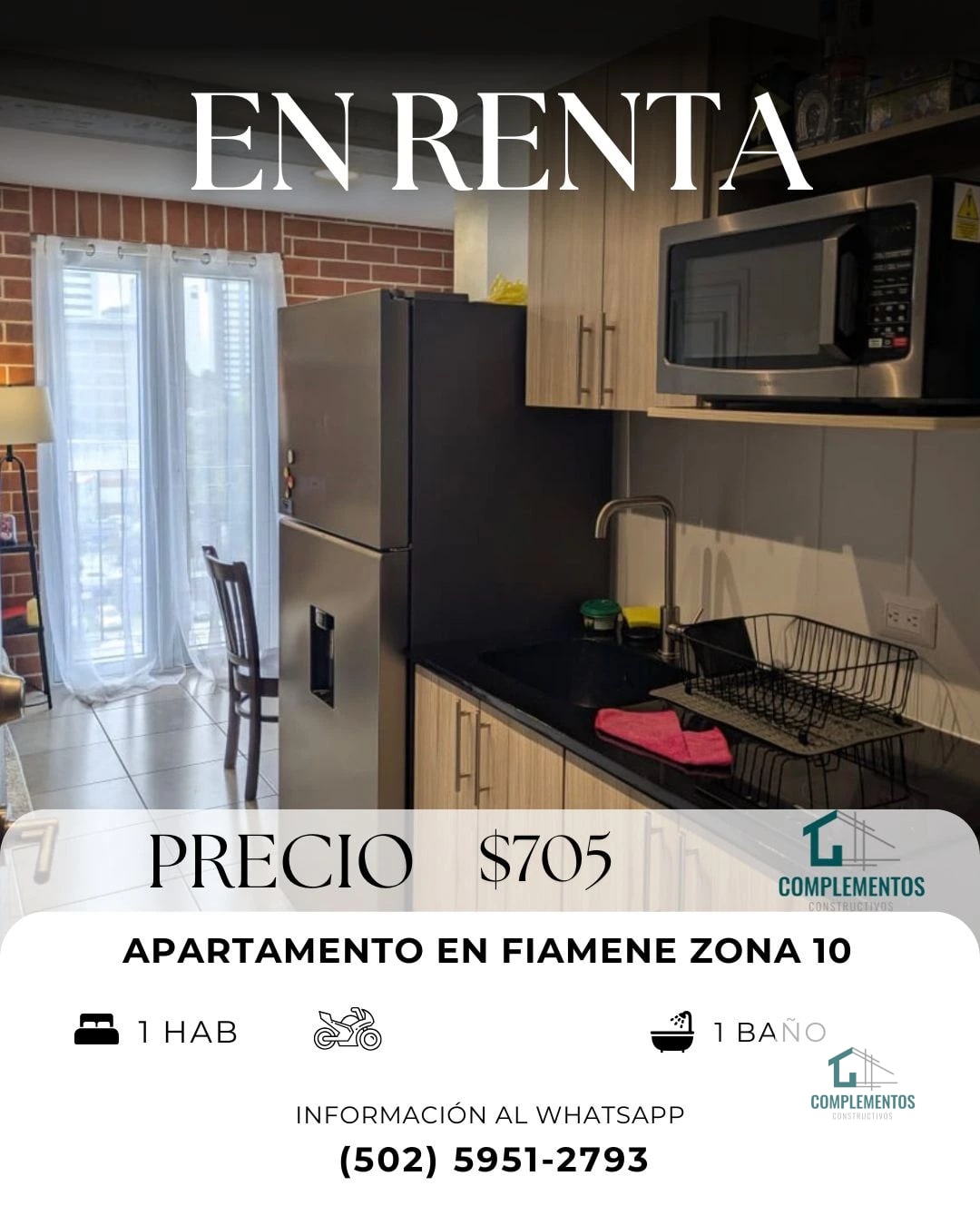Fiamene, Apartamento en renta Zona 10, 1hab. 32 m2 + balcón — Apartamento en Alquiler en Fiamene, Zona 10, Guatemala, Ciudad — foto 1 de 8